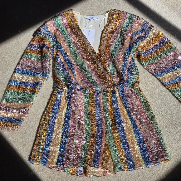 NWT Endless Rose Striped Sequin Romper XS - Picture 14 of 16